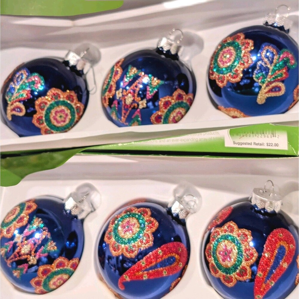 Set Boho Vera Bradley Glass Ball Ornaments Pink Eclectic Blue Pink Paisley 2012